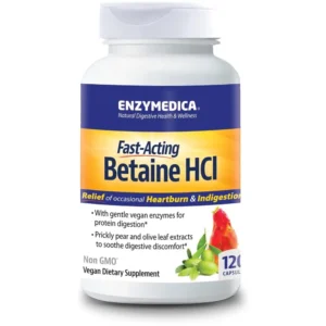 Enzymedica Betaine HCl supplement for occasional heartburn relief and indigestion support, 120 capsules