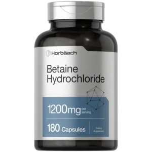Horbaach Betaine Hydrochloride 1200mg capsules for digestive health, non-GMO and gluten-free