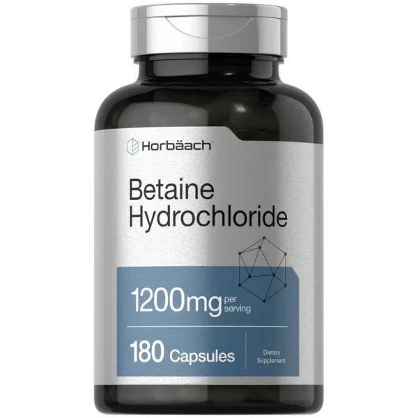 Horbaach Betaine HCl 1200mg 180 Capsules Horbaach Betaine Hydrochloride 1200mg capsules for digestive health, non-GMO and gluten-free
