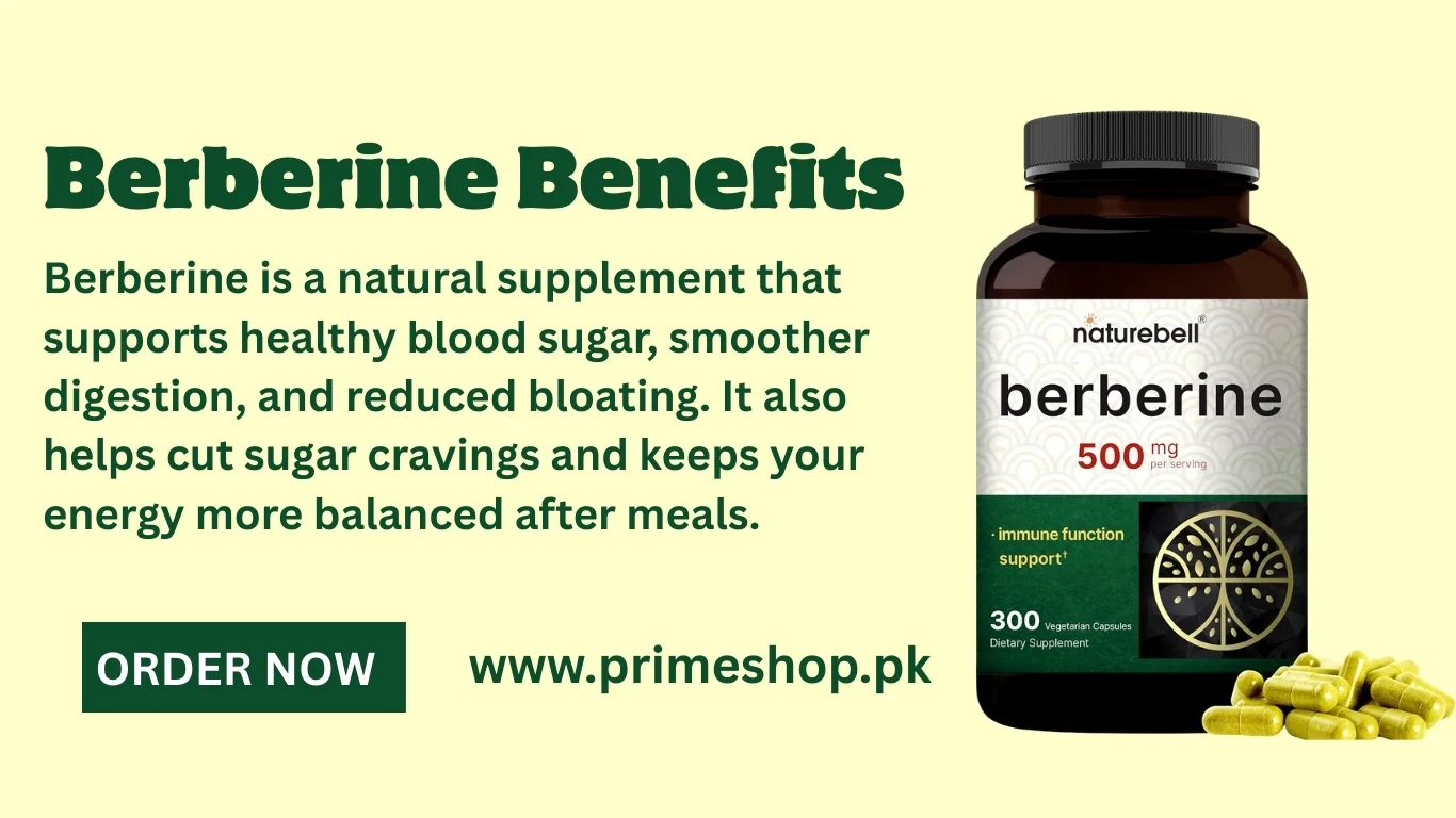 Benefits of Berberine supplement for digestion and blood sugar in visual banner