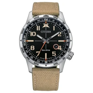 citizen men's eco drive avion field watch with black dial and khaki nylon strap model bm7550-01e