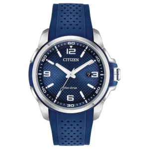 citizen men's eco drive weekender watch with blue strap and stainless steel case model aw1158-05l