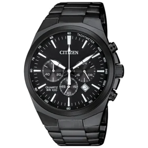 citizen quartz men’s black chronograph watch with stainless steel case model an8175-55e