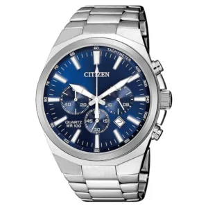 citizen quartz men’s watch with blue dial and silver stainless steel case