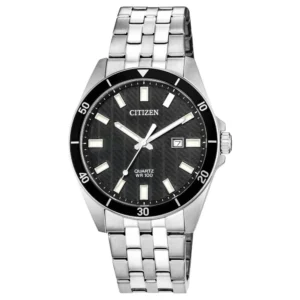 citizen quartz men’s watch silver tone stainless steel with black dial model bi5050-54e