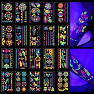 172 glow in the dark temporary tattoos for face and body with UV blacklight neon effect
