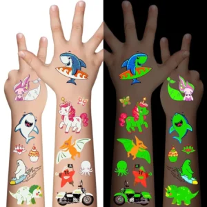 310 glow in the dark temporary tattoos for kids with butterfly, dinosaur, mermaid, and pirate designs