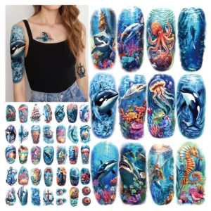 77 sheets temporary tattoos with ocean and beach designs for women, men, and kids