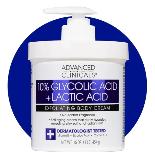 Advanced Clinicals 10% Glycolic and Lactic Acid AHA exfoliating body cream with hyaluronic acid 16 oz