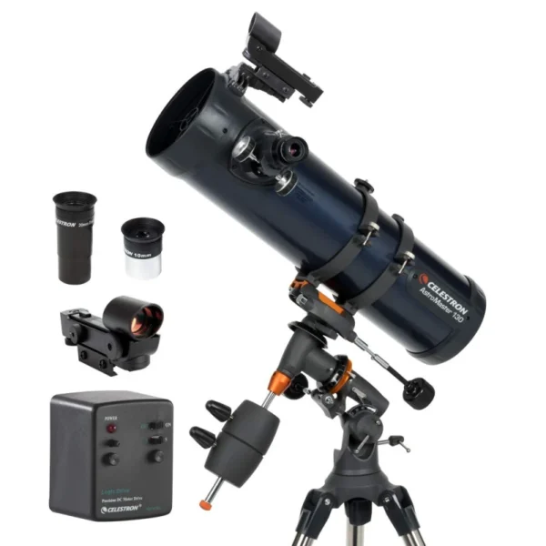 Celestron AstroMaster 130EQ-MD Newtonian reflector telescope with motor drive, adjustable tripod, and astronomy software for beginners