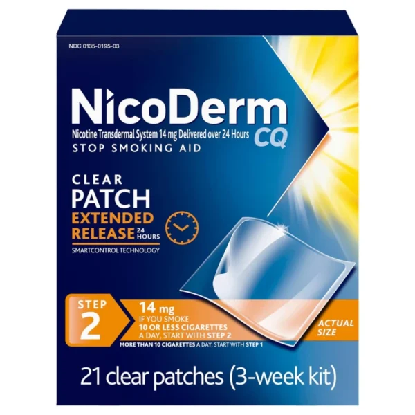 NicoDerm CQ Nicotine Patches Step 2 14mg 21 Count NicoDerm CQ Step 2 nicotine patches 14mg, 21 count for smoking cessation with behavioral support