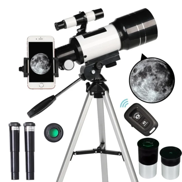 70mm aperture refractor telescope with phone adapter and wireless remote for adults and kids