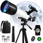 70mm aperture refractor telescope with AZ mount, phone adapter, adjustable tripod, and carry bag for adults and kids
