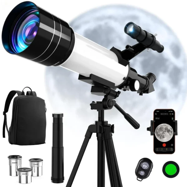 70mm aperture refractor telescope with AZ mount, phone adapter, adjustable tripod, and carry bag for adults and kids