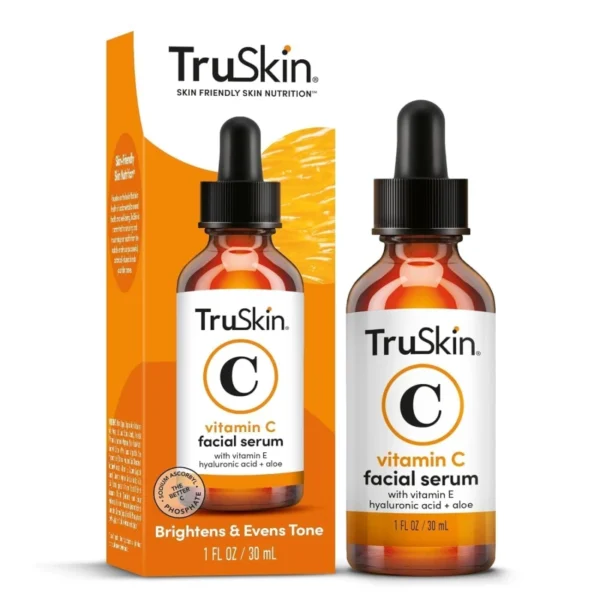 Bottle of TruSkin Vitamin C Serum for Face with hyaluronic acid and vitamin E for anti-aging and brightening