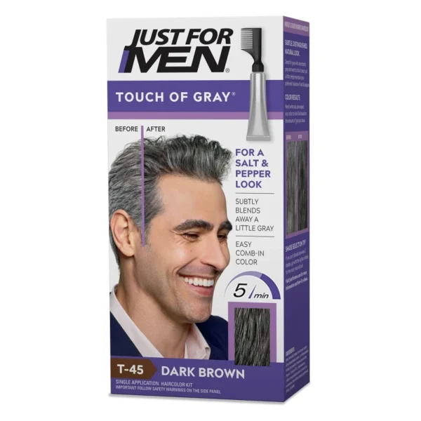 Just For Men Touch of Gray Dark Brown T45 Hair Color Kit Just For Men Touch of Gray Dark Brown T45 mens hair color kit with comb applicator for natural salt and pepper hair look