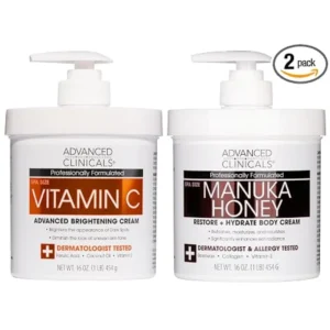 Advanced Clinicals Vitamin C brightening cream and Manuka honey body lotion and face moisturizer two piece set
