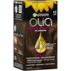 Garnier Olia ammonia free permanent hair dye in 6.0 Light Brown with an oil powered formula