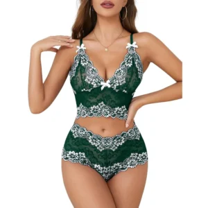 Lilosy women's sheer lace bra and panty set with a deep V-neck bralette and matching high-waisted boyshorts