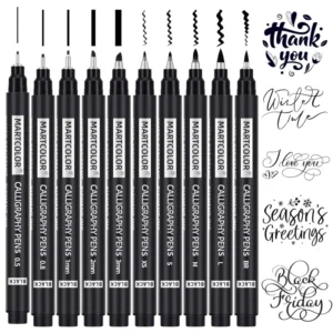 MARTCOLOR 10 size black calligraphy pens with fine, medium, brush and soft brush tips