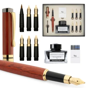 Wordsworth & Black bamboo rose calligraphy fountain pen set with 6 nibs, ink bottle, cartridges and refill converter